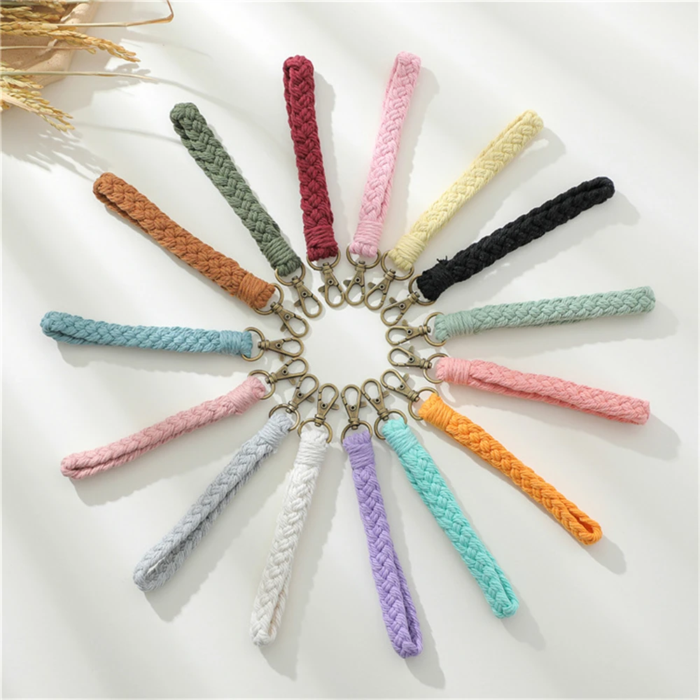 Boho Style Macrame Braided Keychain with Lobster Claw Cord Wristlet Bracelet Keyrings Lanyard Key Fob Strap Women Accessories