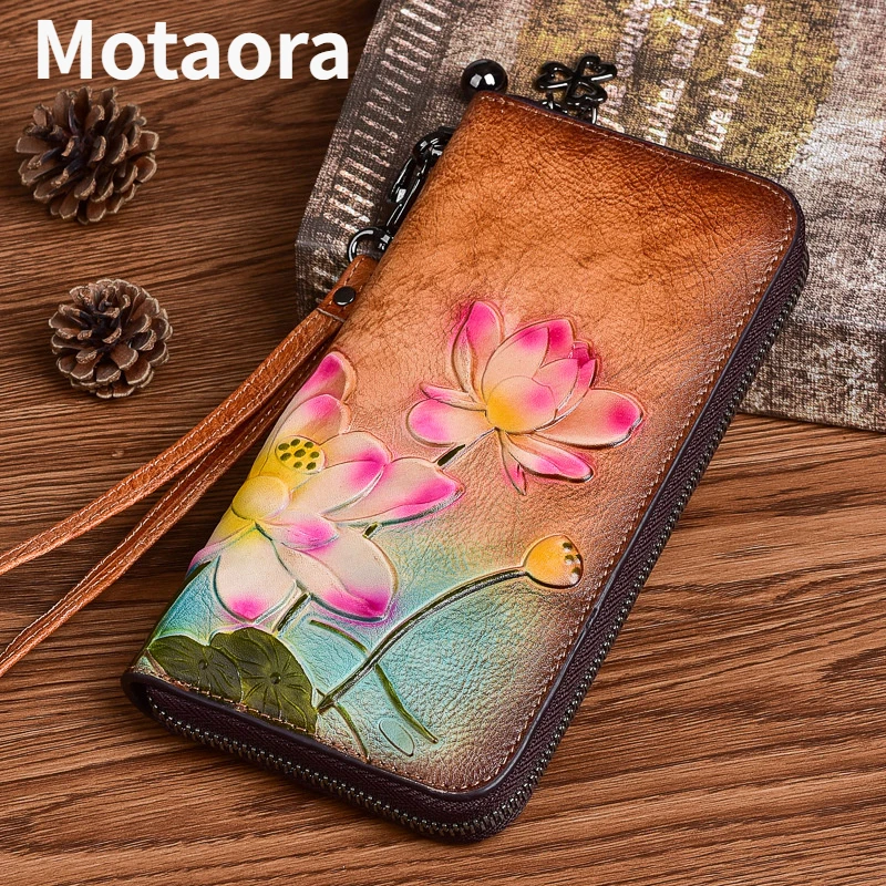 MOTAORA Vintage Long Wallets For Women Genuine Leather Phone Bags Lotus Floral Pattern Embossing Hand-painted Wallet Woman Purse