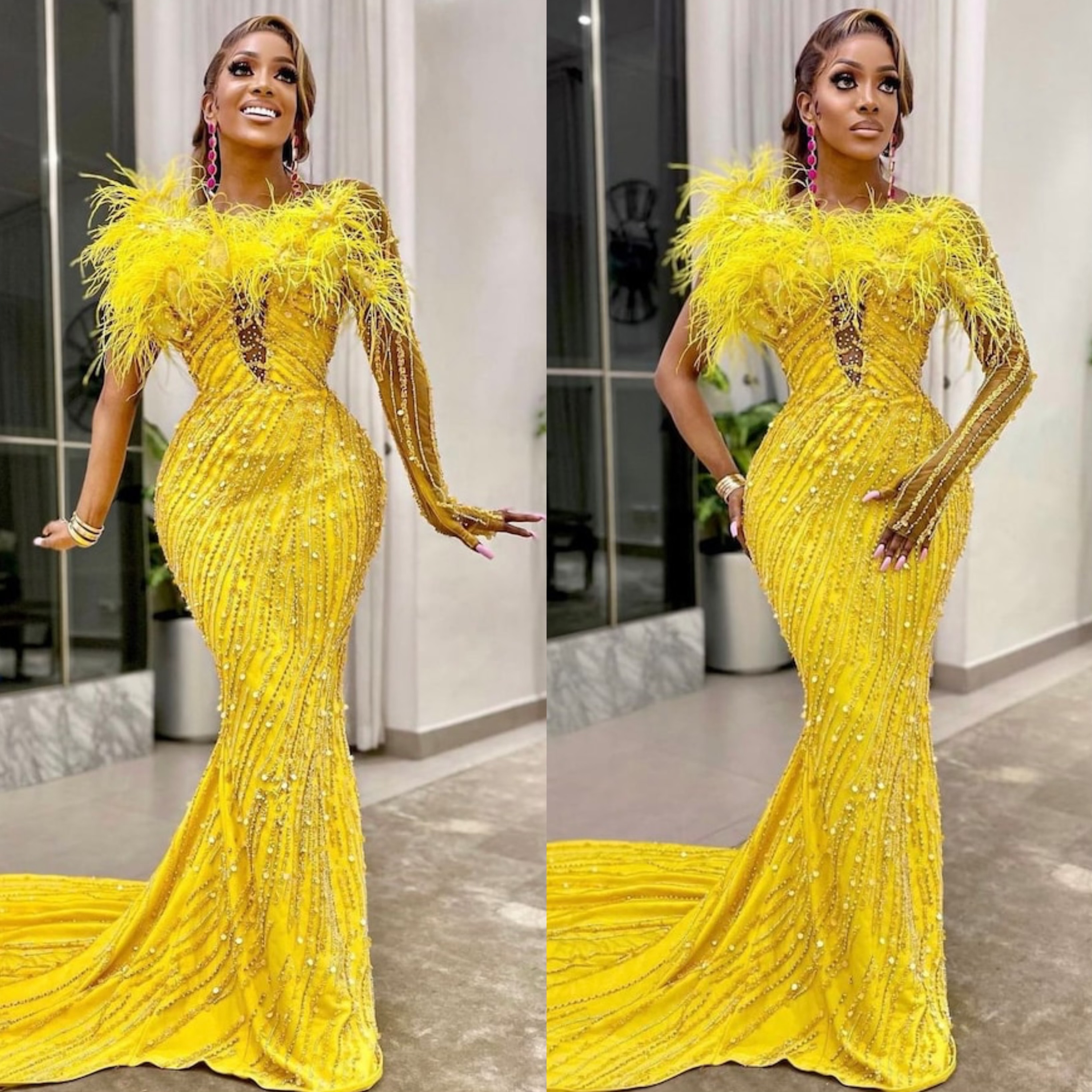 Stunning Arabic Yellow Mermaid Evening Elegant Feathers One Shoulder Sequins Pearls Formal Prom Dress African Dresses For Special Ocn Party Gown Lz030