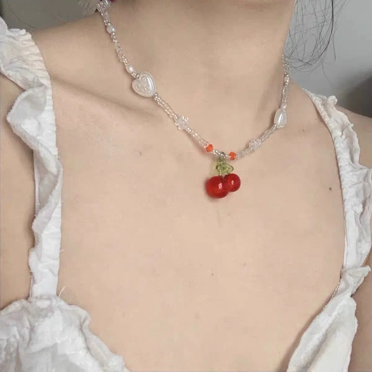 Y2K Red Cherry Heart Beaded Choker new Necklace Women Boho Layered Bead 2025 Cherry Pendant Necklaces Vintage 2024 New Necklace Jewelry