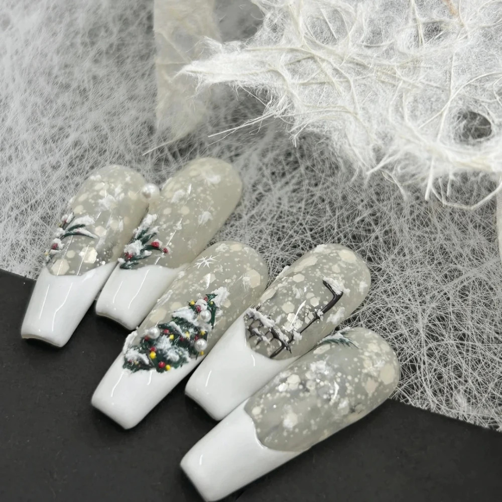 10 handmade press nails handmade French white long coffin fake nails Christmas and Year limited edition nail n with set 241031