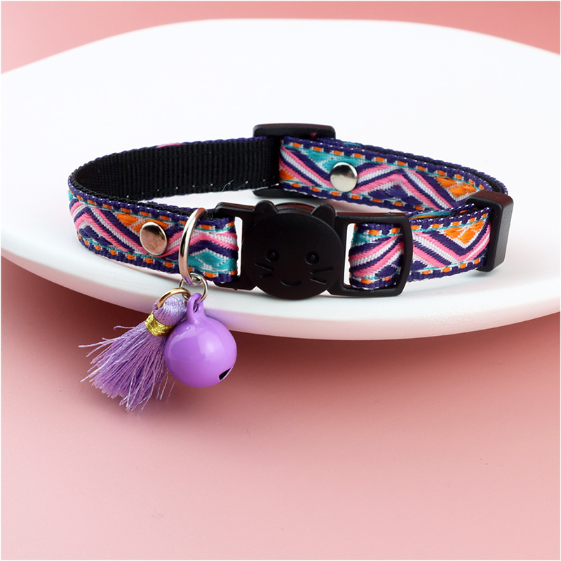Polyester Pet Collar Adjustable Cat Collar with Tassel and Bell Decoration Colorful Check Jacquard Pattern Collar for Cats & Dog