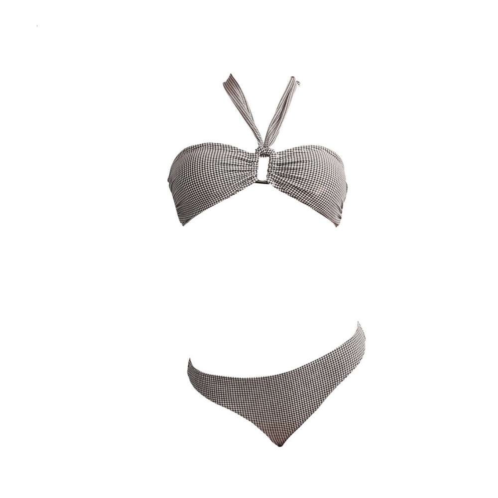 2024 Bikini Set One Line Chest Anti Slip Shaped Tie Neck Youth Jacquard Plaid dongdumaoyi