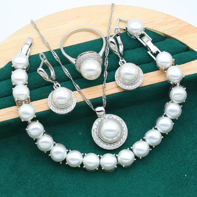 Pearl 925 Womens Wedding Silver Jewelry Set White Zircon Bracelet Necklace Ring Holiday Gift 241031
