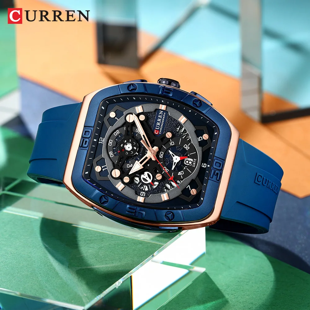 CURREN Brand Unique Tonneau Watches with Large Dial Casual Quartz Silicone Strap Wrist Watches with Luminous 8443