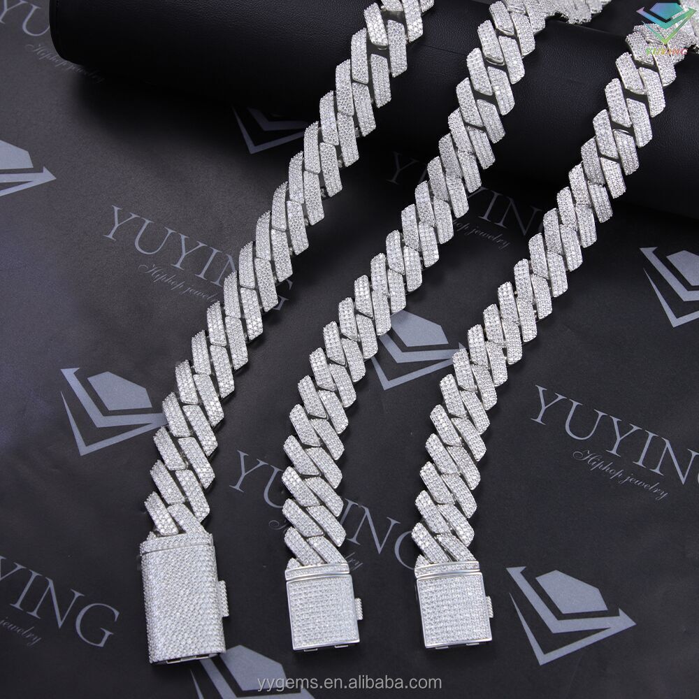 Fine jewelry necklaces bracelets 3 Rows 15mm 20mm dia hip hop Cuban k Chain VVS Moissanite sterg sier gold plate