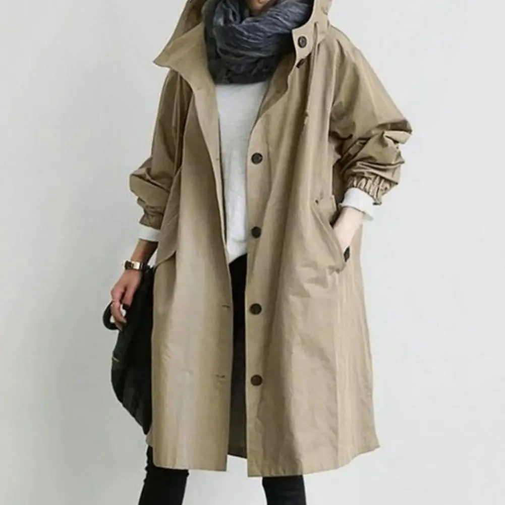 Womens trench coat elegant double chest womens coat lightweight windproof solid color womens medium length jacket 241031