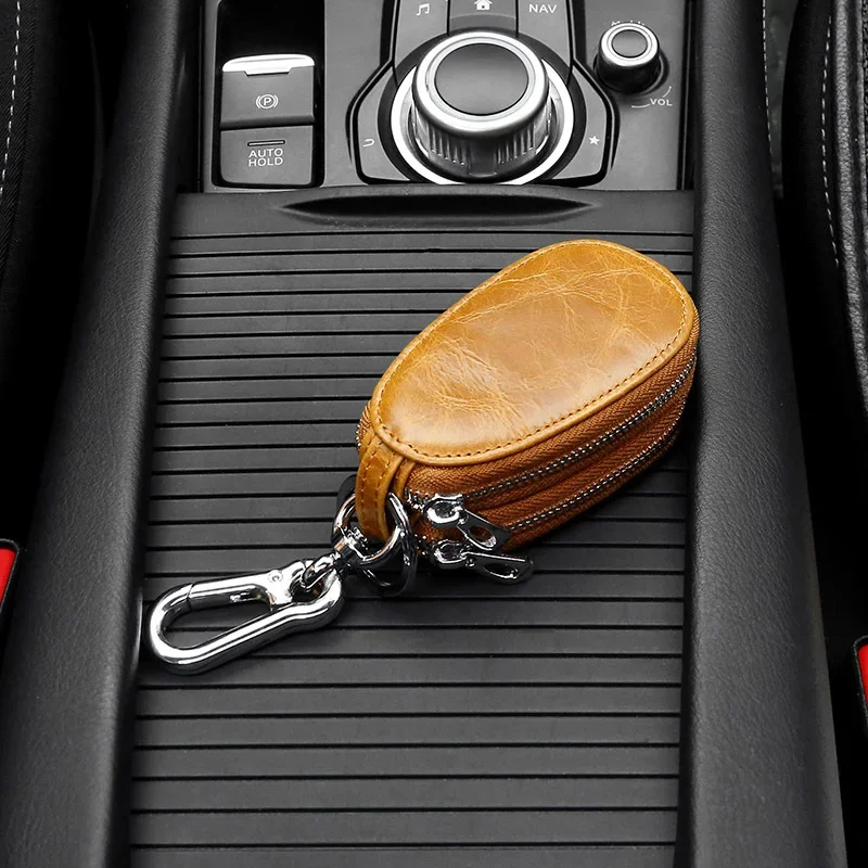 for Genuine Leather Keycase Men's Double-layer Zipper Car Keycase with Retro Top Layer Cowhide Keycase Keychain Wallet smile