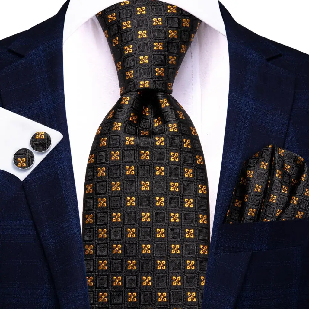 Hi-Tie Psialey Black Gold Silk Elegant Tie For Men Groom Wedding Men Necktie Pocket Square Cufflink Accessory Wholesale Designer