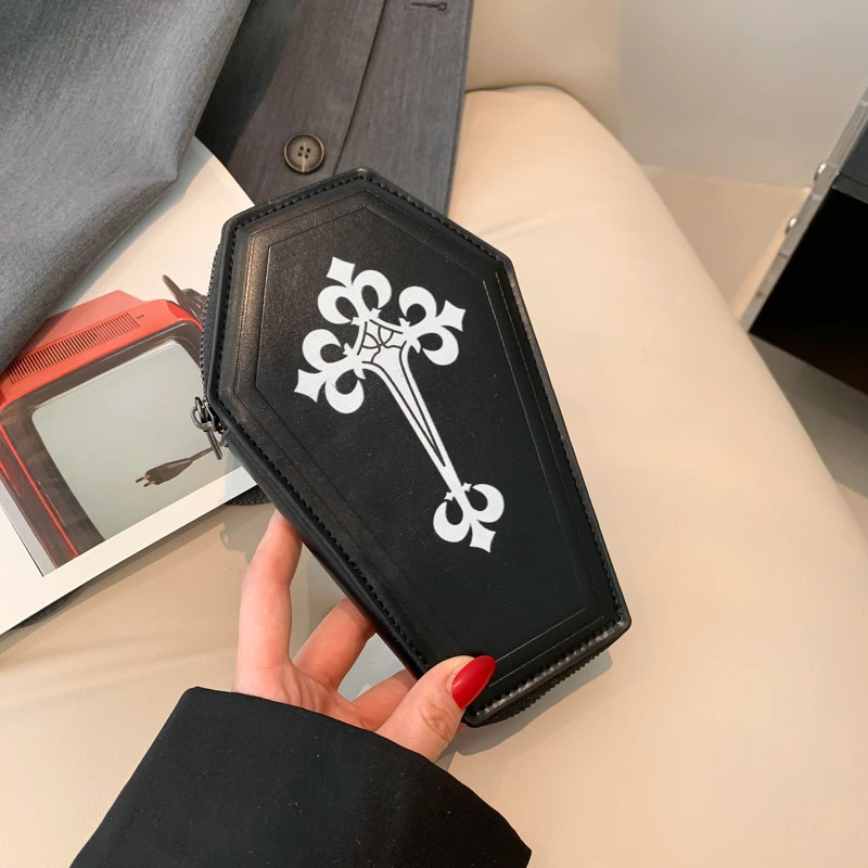 Women Novelty Gothic PU Leather Coffin Shape Clutch Bag Large Capacity Punk Style Long Wallet For Christmas Portable Coin Purse