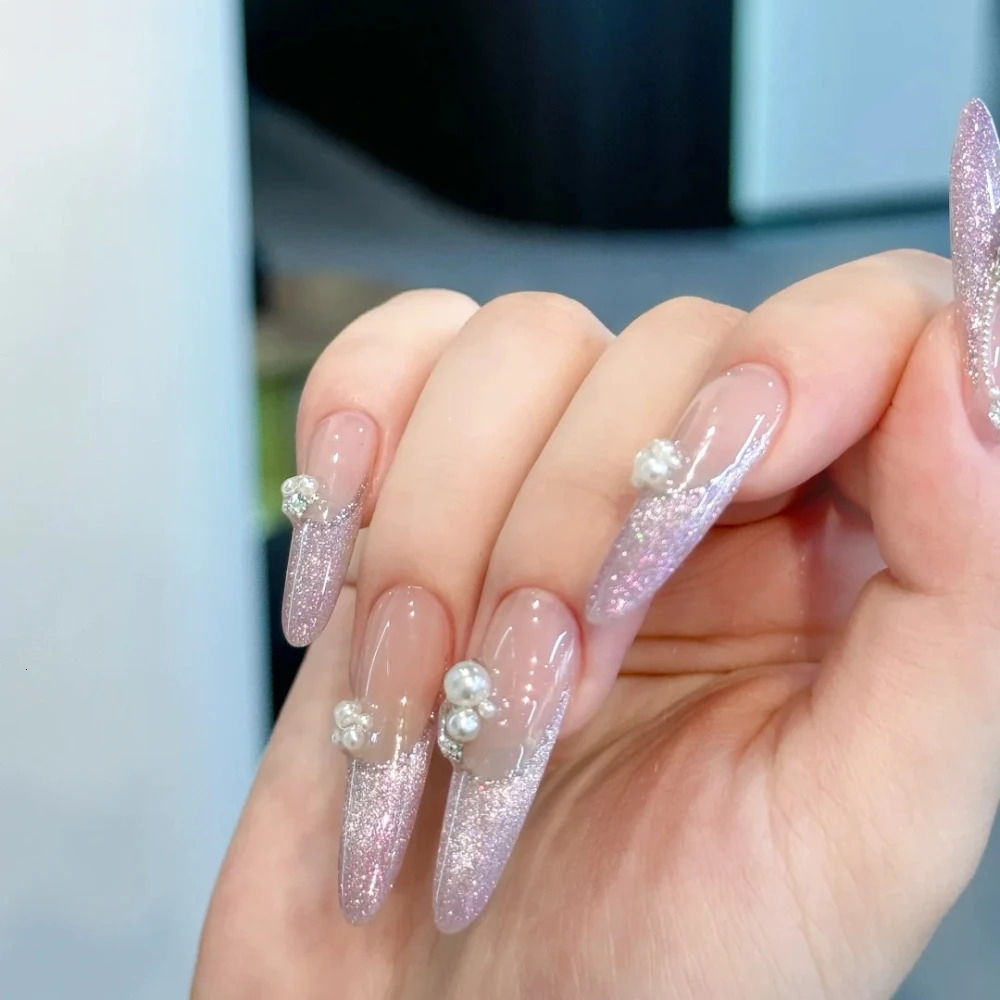 10 handmade pressed nails handmade long almond fake nails Christmas and Year limited edition shiny purple nail n with set 241031