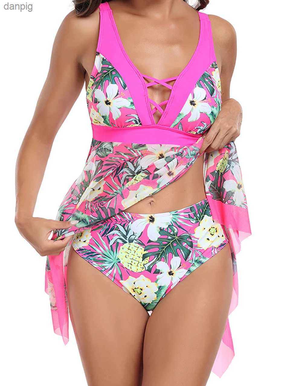 Women's Swimwear 2024 V-neck Tankini Set 2-Piece Swimsuit Women Printed Swimwear Summer Bathers Beachwear Female Straps Bathing Swimming Suit 2XL