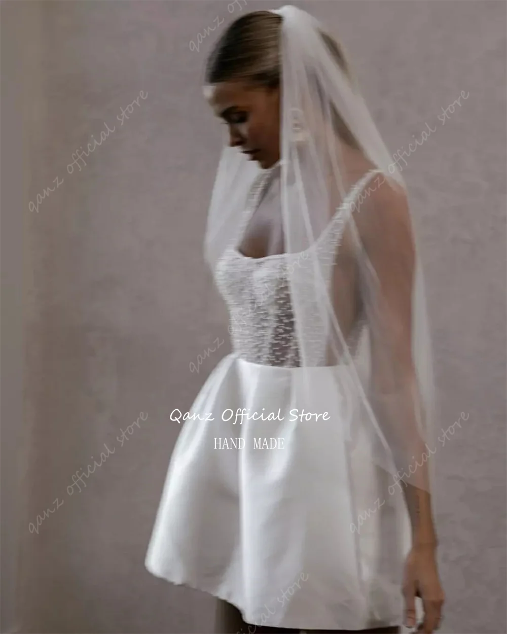 Qanz Pearls Satin Short Wedding Dresse new Spaghetti Straps Above Knee Length Bridal Gowns Robe De Mariage 2025 2024 Cooktail Party Dress