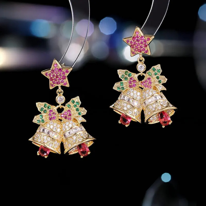 Sparkling star bow earrings pendant crystal Christmas bell earrings Year jewelry gifts personalized cubic zirconia pendant earrings 241031