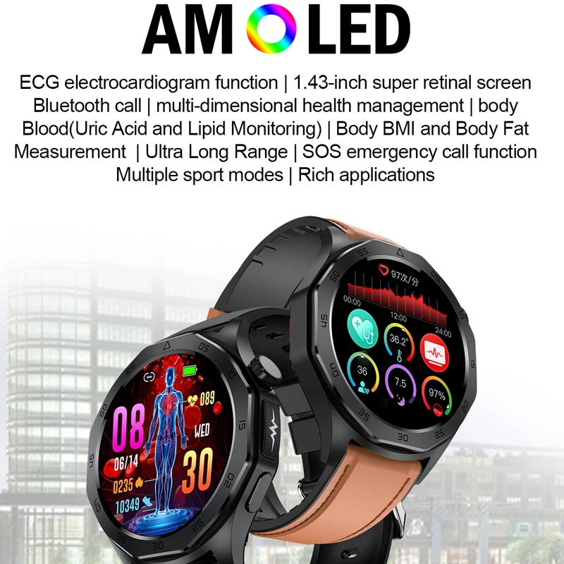 2024 New ECG Smart Watch 1.43'' AMOLED Screen Heart Rate Blood Pressure Bluetooth Call SOS Men Health Care Sports Smartwatch