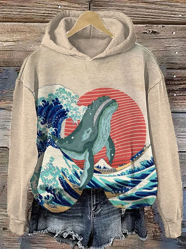 Women's Hoodies Sweater Retro Whale Graphic 3d Print Sweatshirts Autumn Winter O Collar Long Sleeve Top Female Loose Pullover