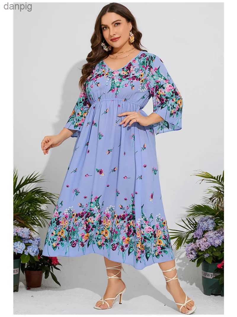 Urban Sexy Dresses Xxxl 4xl Plus Size Dress Womens 2023 Summer V-neck Flower Print High Waist Casual Dress Long Bohemian Beach Dress Y240402