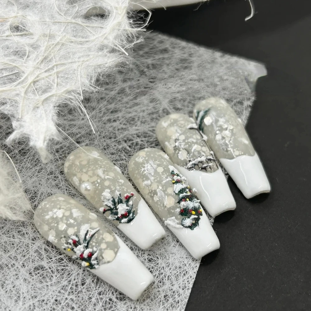 10 handmade press nails handmade French white long coffin fake nails Christmas and Year limited edition nail n with set 241031