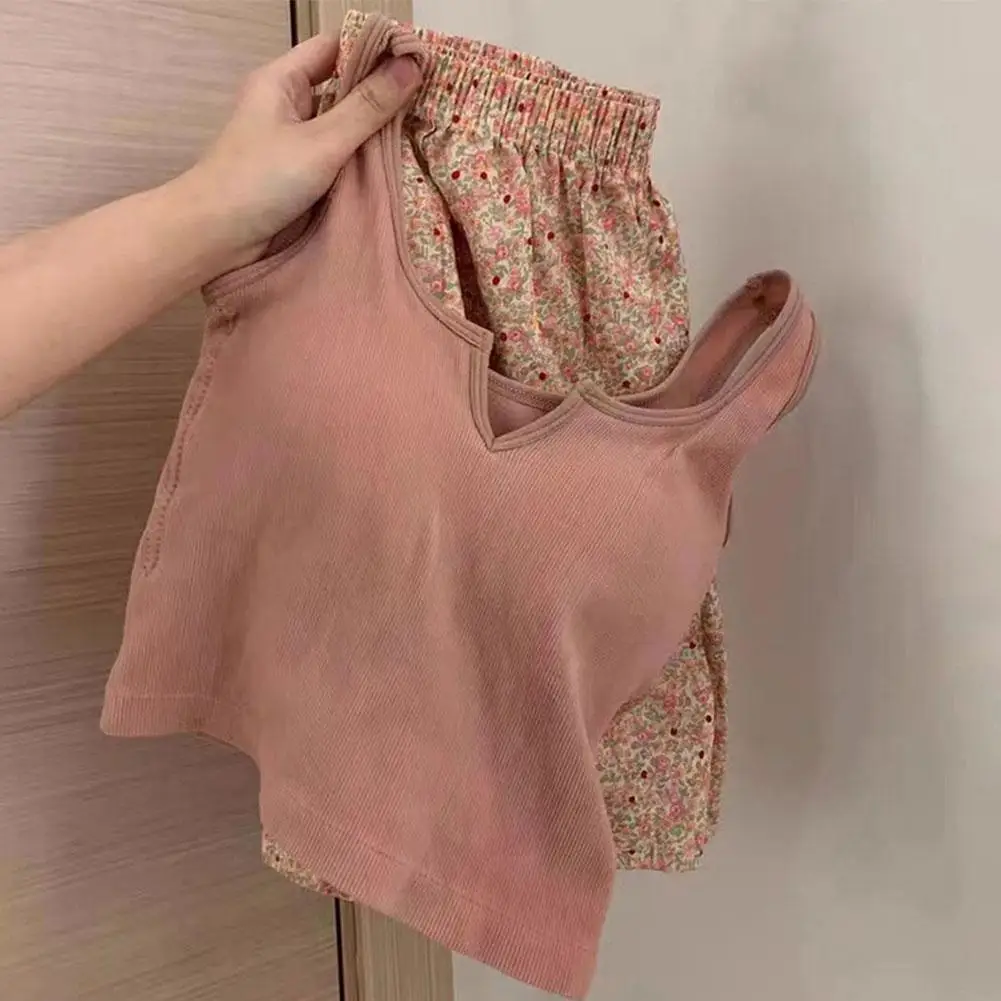 Small Fresh Floral Shorts V-neck Camisole Tops Set Women's Breathable Elastic Sling Base Tank Tops 2024 Summer New Home Clothes