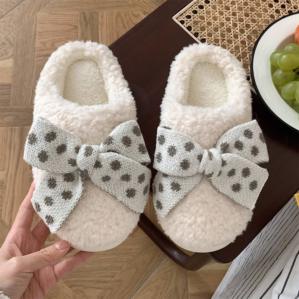 Bow Winter toe wrap Warm cotton slippers Soft-soled slippery women's indoor floor flat house non-slip shoes