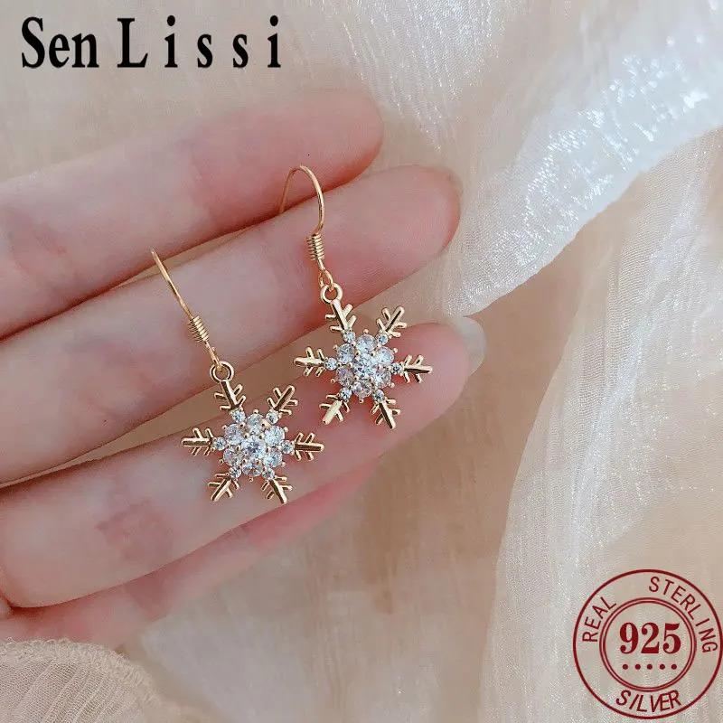 Senlissi - 925 sterling silver white snowflake stud earrings cubic zirconia jewelry womens fashion Christmas earrings gift 241031