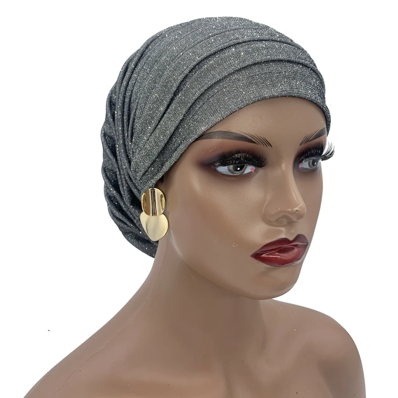 Muslim Headscarf Hat Turbante Mujer African Headpiece Glitter Full Body Pleated Turban Cap for Women 2023 Lady Head Wraps