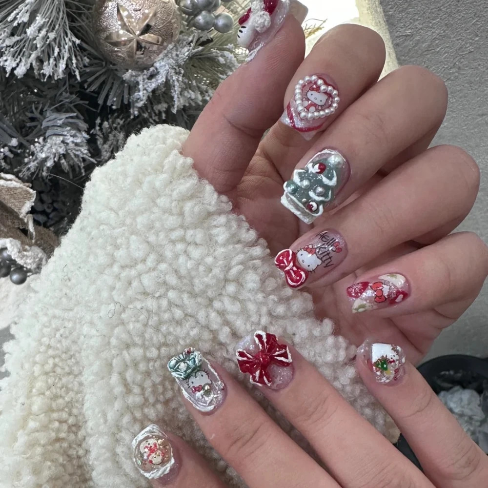 10 handmade nail clippers handmade French white kitten short square fake nails Christmas limited edition with set 241031