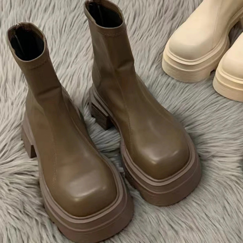 Ankle Mid Heels Winter New Fashion Platform Zipper Goth Casual Motorcycle Boots Women Thick Shoes