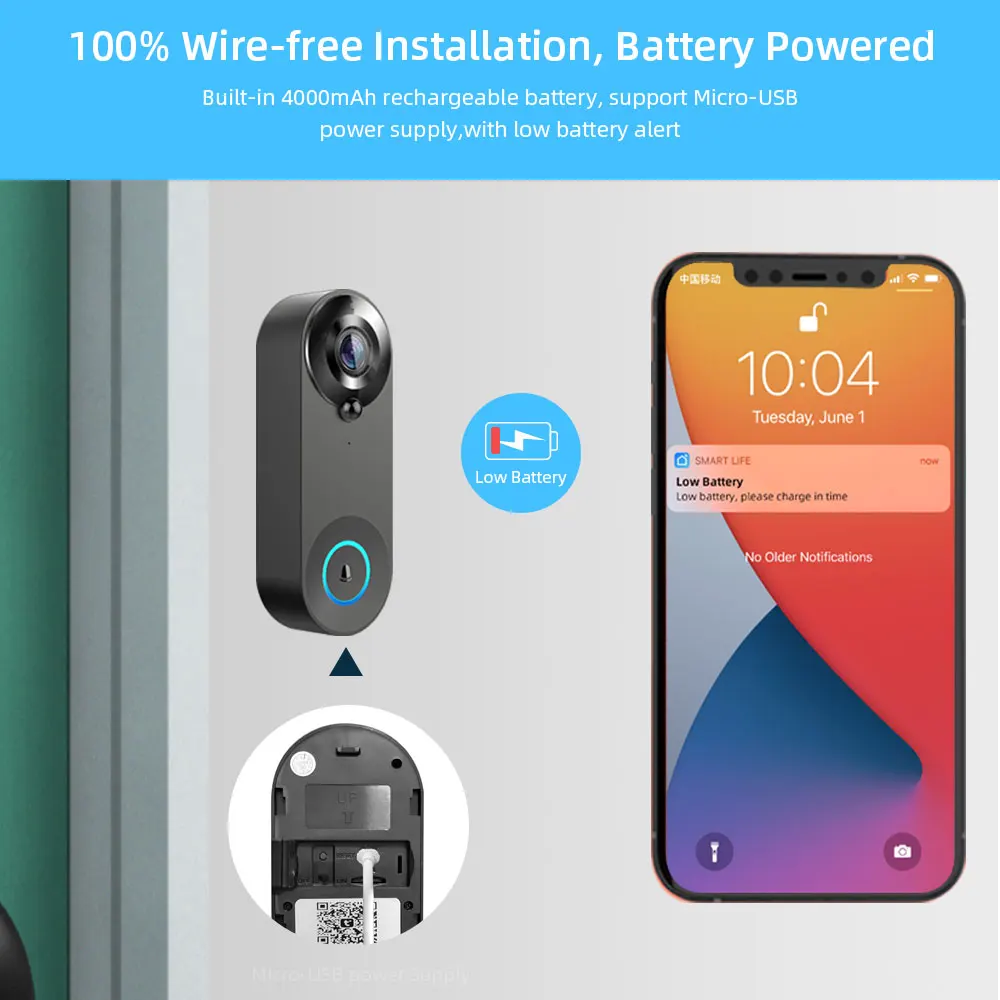 REHENT Tuya Smart 4400mAh Rechargeable Battery 1080P WiFi Audio Video Alexa Google Outdoor FHD Doorbell Door Camera with Chime