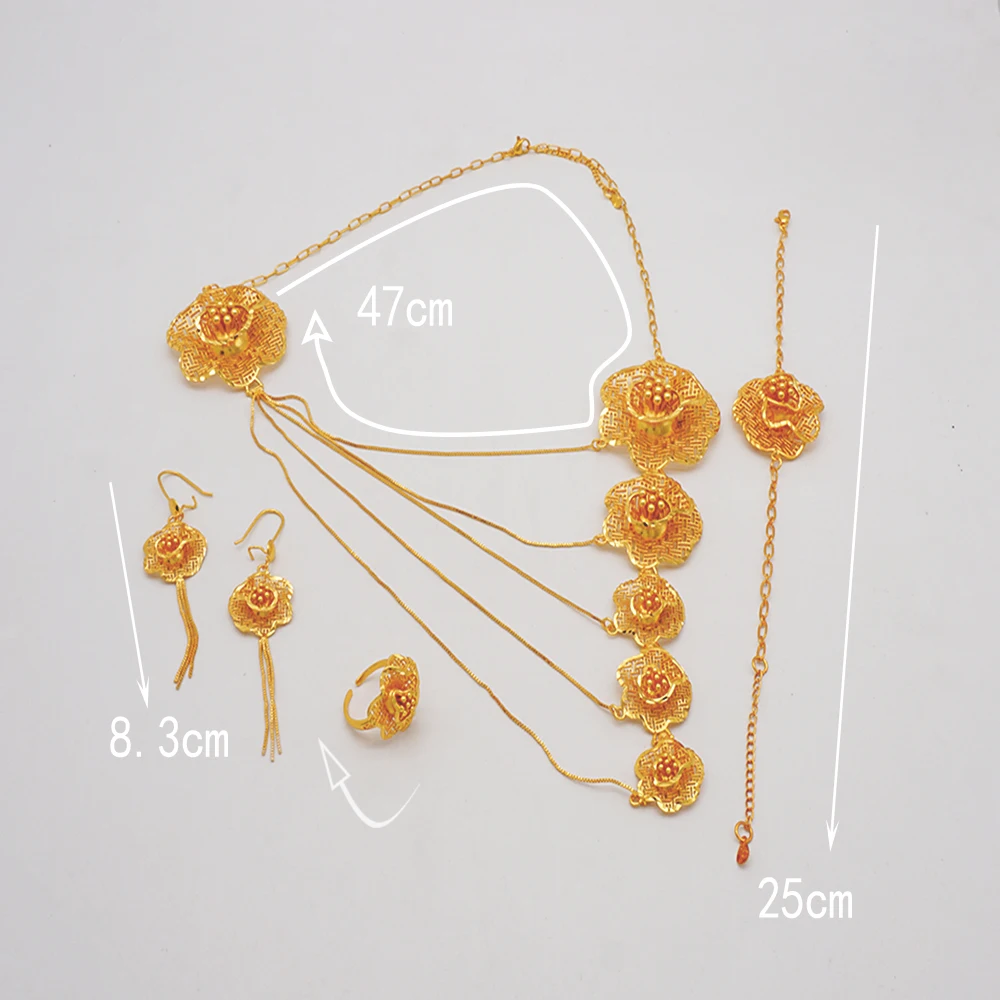 Indian Dubai Big Gold Color Jewelry Sets For Women Moroccan Earring Necklace Ring Party Wedding Bridal Accessories