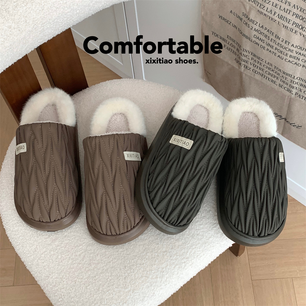Men's winter toe pack Warm cotton slippers Fashion pleated soft sole slip men's indoor floor flat home non-slip shoes