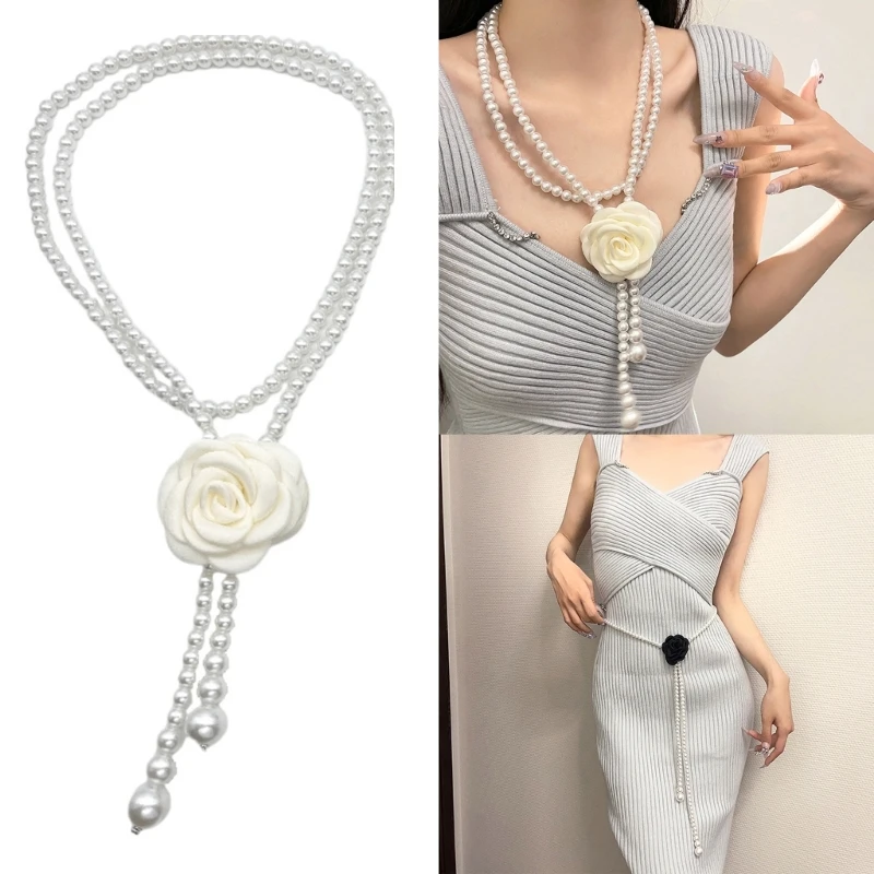 Women Body Chain Camellia Flower Pearl Waist Chain Belt Belly Chain Waistbelt for Female Body Jewelry Lady Accessories