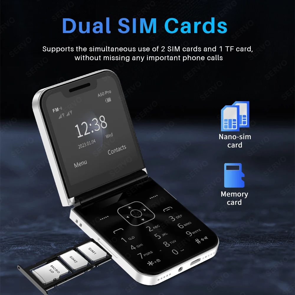 SERVO A50 PRO Flip Mobile Phone Speed Dial Flashlight Auto Call Record Type-C 2 SIM Cards GSM 2.4" Fold Cellphone Multiple Color