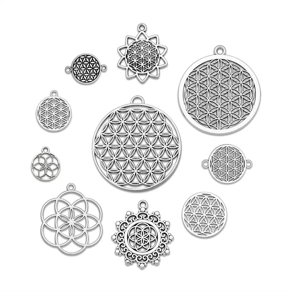 Antique Silver Plated Flower Of Life Charms Geometric Patterns Pendants For Diy Jewelry Making Findings Supplies Accessories