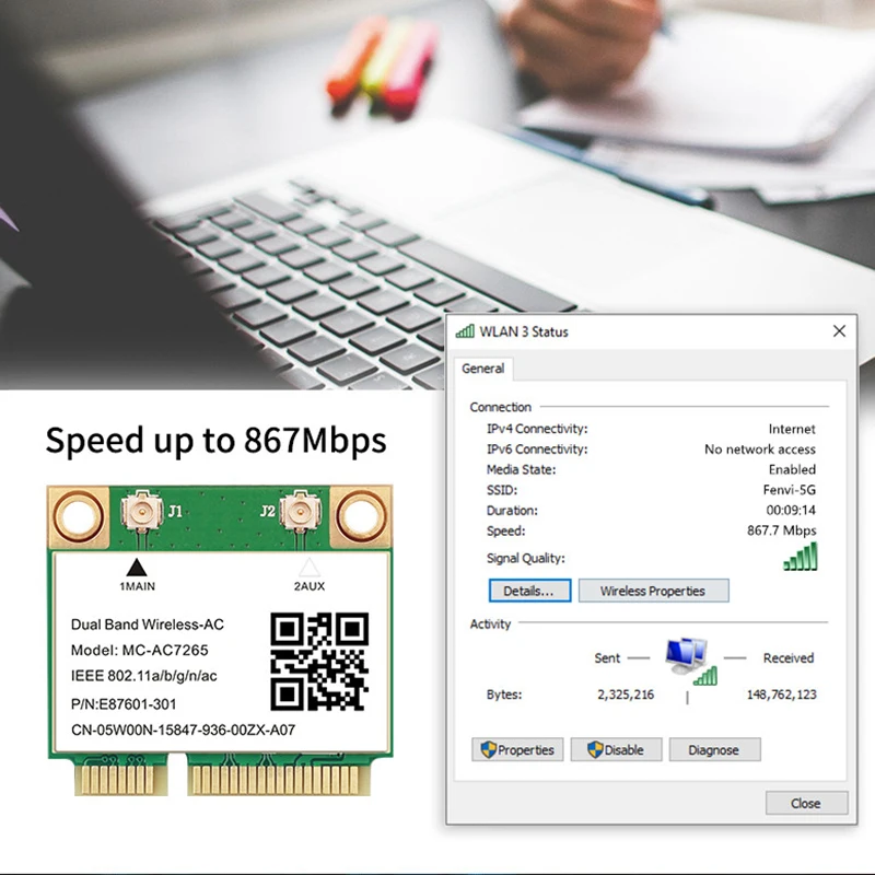 Wifi Network Card 1200Mbps Bluetooth 4.2 Mini PCI-E MC-AC7265 Wifi 5 802.11ac 2.4G 5Ghz With Cable Fast Network Card MPE-3165AC