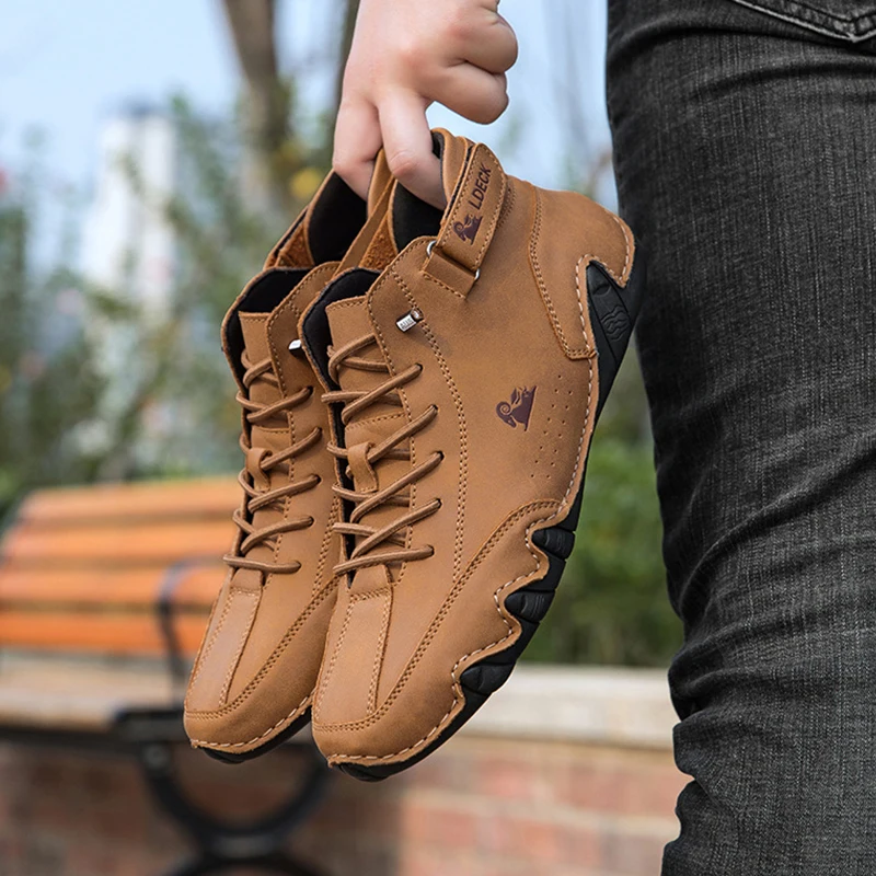 Sneakers Men Boots Lace-Up Casual Shoes for Men 2023 Spring High Outdoor Light Genuine Leather Soft Flat Boots Zapatillas Hombre