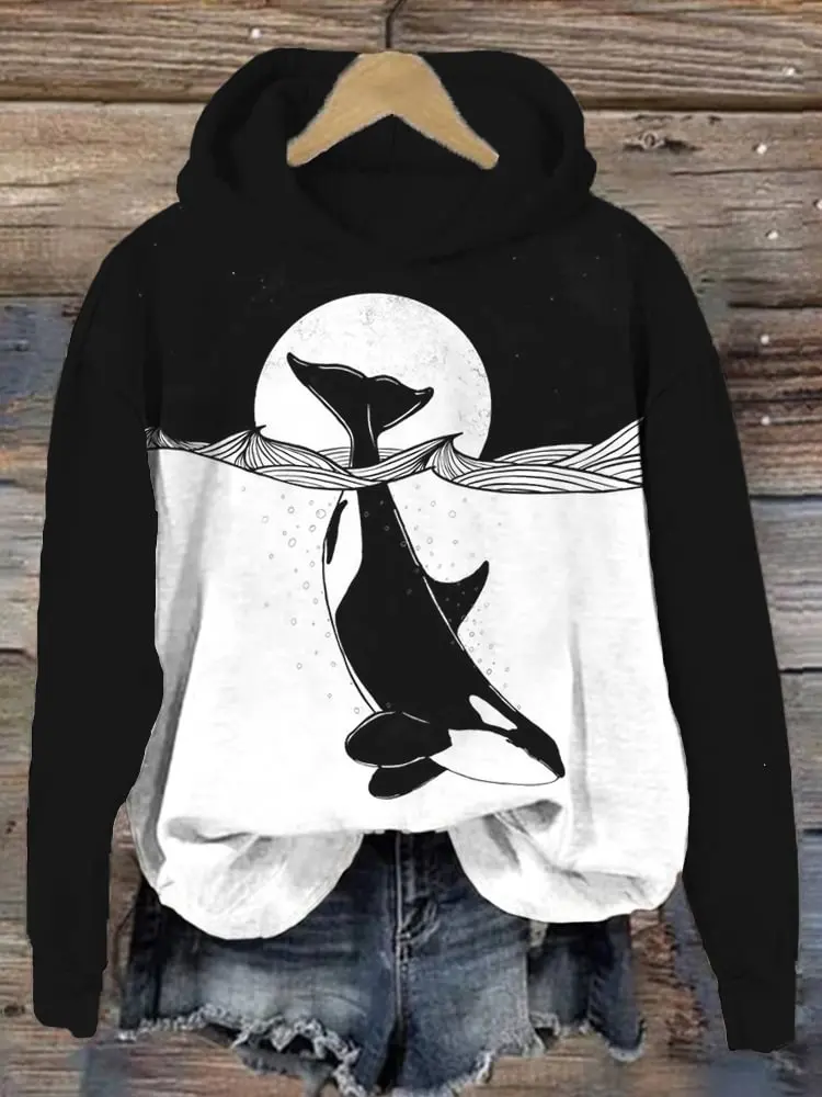Women's Hoodies Sweater Retro Whale Graphic 3d Print Sweatshirts Autumn Winter O Collar Long Sleeve Top Female Loose Pullover