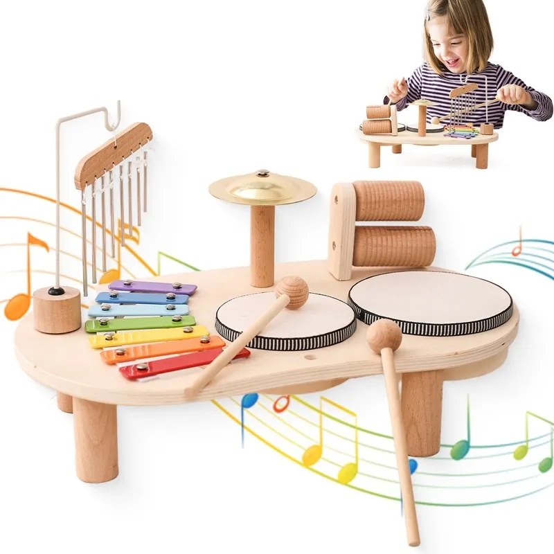 Kids Drum Set All in One Montessori Musical Instruments Set Toddler Toys Natural Wooden Music Kit Baby Sensory Toys Months Gifts