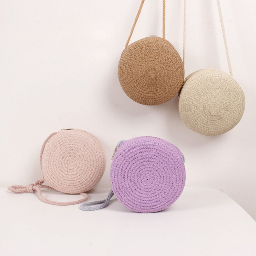 Hot Sale Round Woven Straw Bag Beach Crossbody Shoulder Bag Cute Rattan Handmade Knitted Candy Color Small Handbag for Women