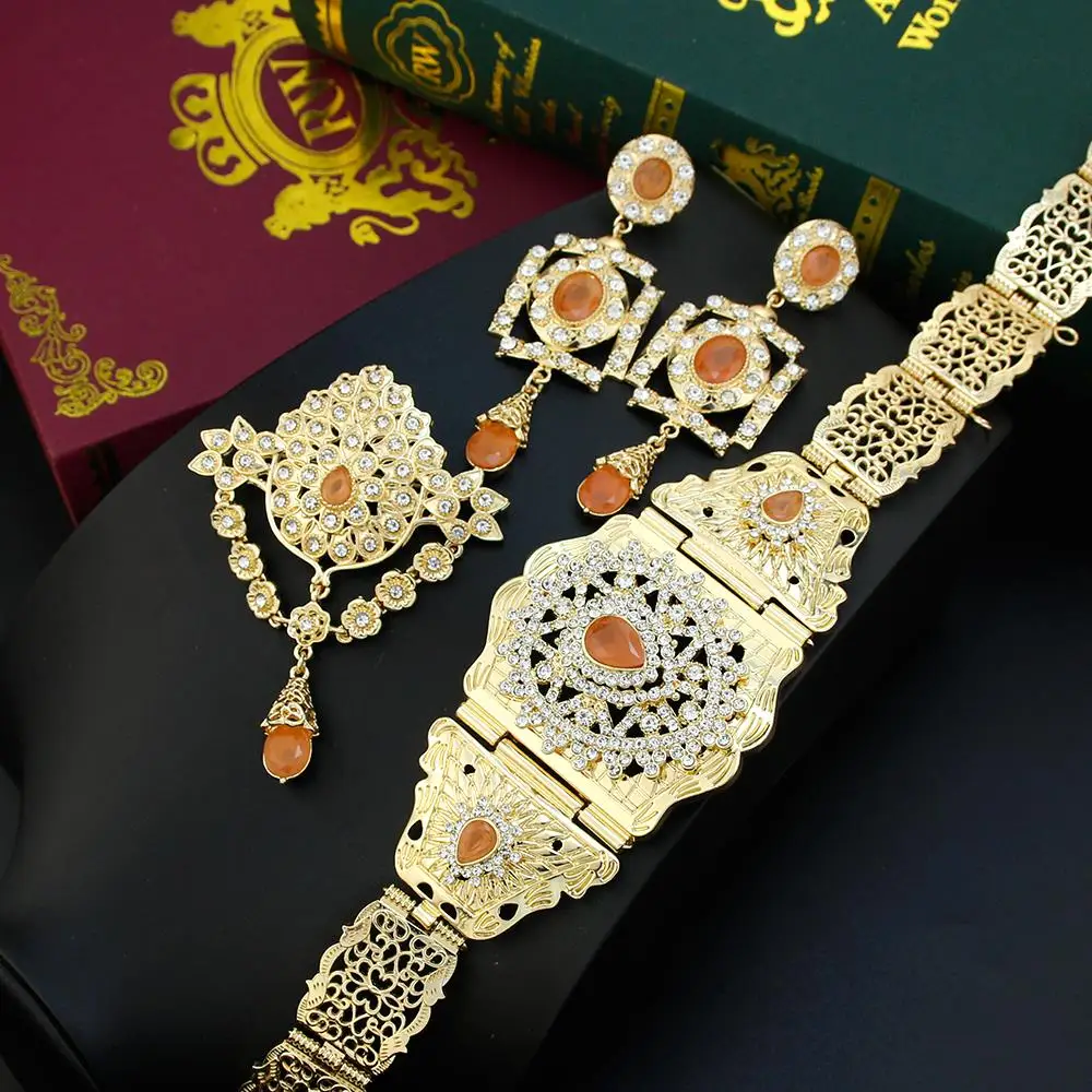Sunspicems Morocco Bride Jewelry Sets Gold Color Orange Crystal Brooch Women Earring Caftan Waist Chain Belt Wedding Jewelry