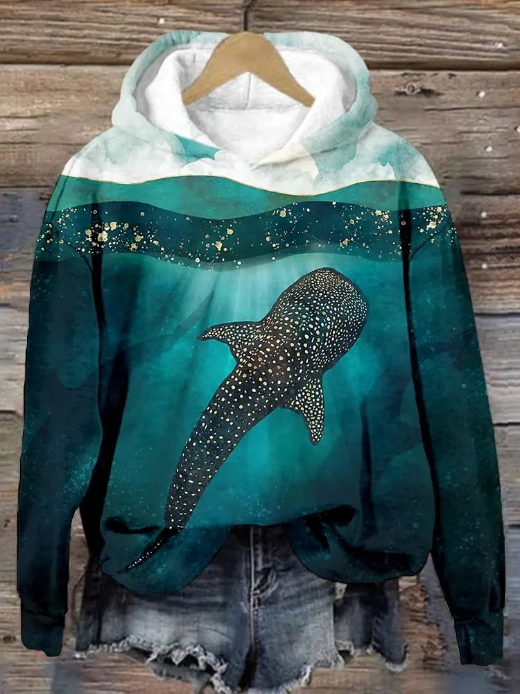 Women's Hoodies Sweater Retro Whale Graphic 3d Print Sweatshirts Autumn Winter O Collar Long Sleeve Top Female Loose Pullover
