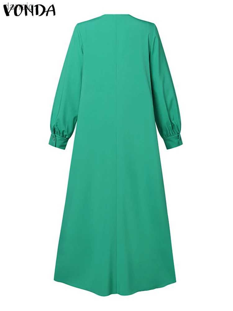 Urban Sexy Dresses Plus Size 5XL VONDA Elegant Party Sun Dress Womens Long Slave Sexy V-neck Casual Shirt Autumn Loose Solid Ruffle Long Dress Y240402