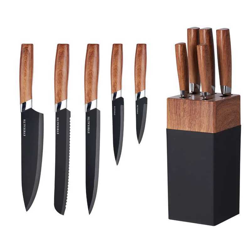 6-piece knife block set made of high carbon stainless steel with wooden pattern PP handle kitchen knife set X241102