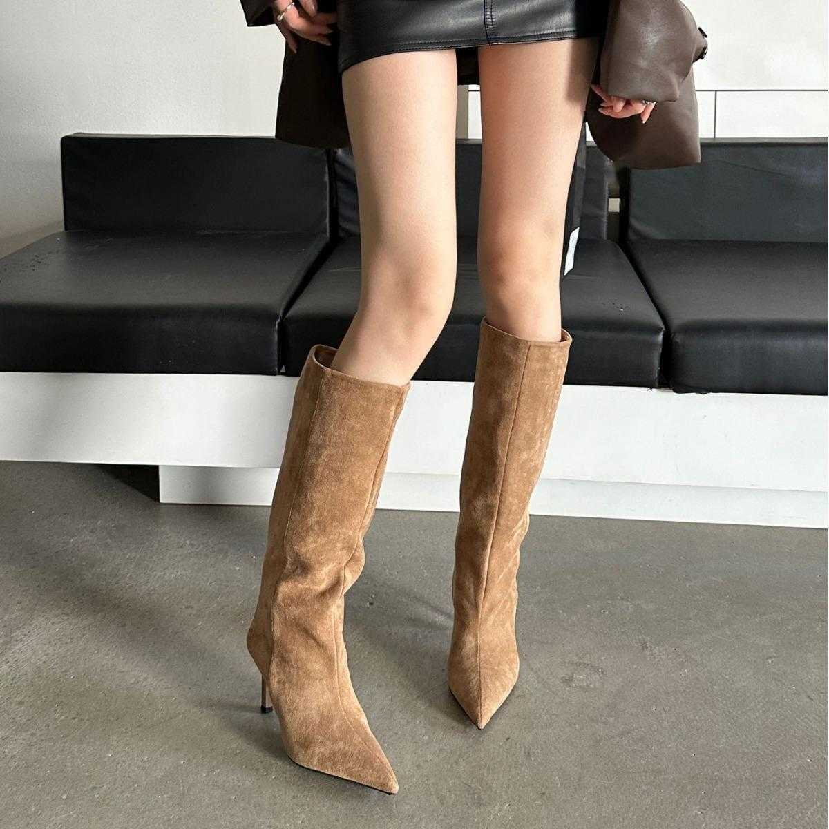CMM Sharp Pointed and Trendy Suede High Heeled Long Tube Boots for Women Autumn and Winter New Straight Tube Large Tube Circumference Slim Boots and S