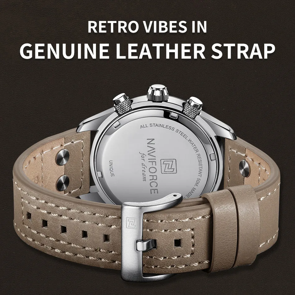 NAVIFORCE Brand Casual Sport Men's Quartz Watches Eco-Drive Movement Genuine Leather Strap Waterproof Luminous Wristwatches 2023