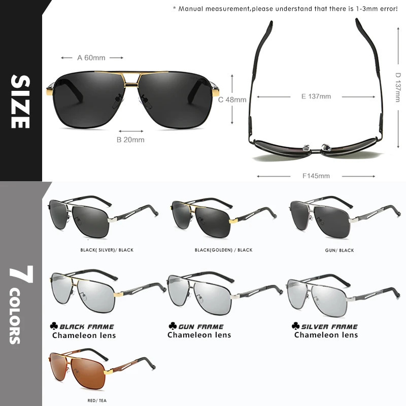 Top aluminum magnesium square polarized pochromic sunglasses for men military safety driving Oculos De Sol Masculino 241031