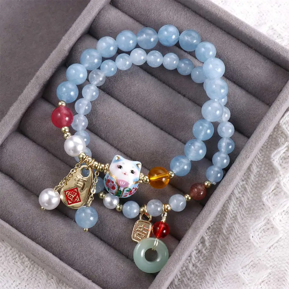 Blue Pearl Crystal Lucky Cat Pendant Jade Beaded Bracelet Bracelet Simple Ceramic Maneki Neko Retro Ethnic Style Bracelet