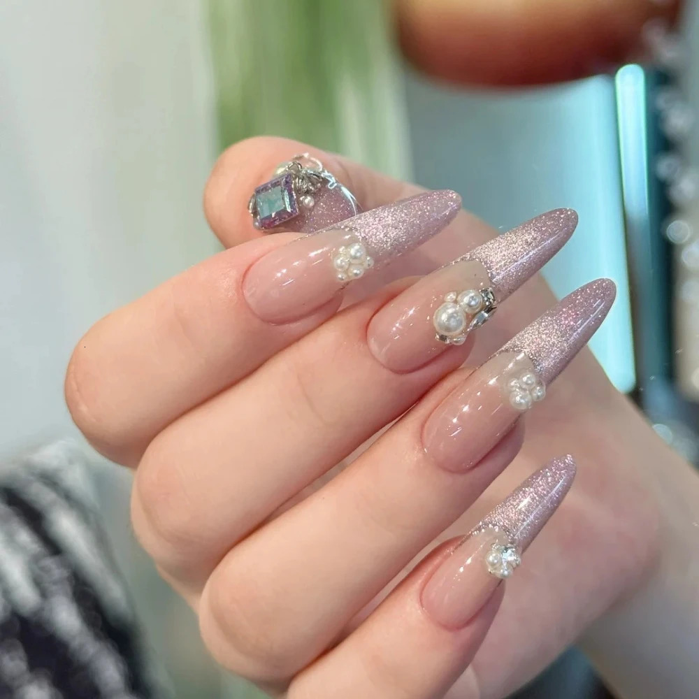 10 handmade pressed nails handmade long almond fake nails Christmas and Year limited edition shiny purple nail n with set 241031
