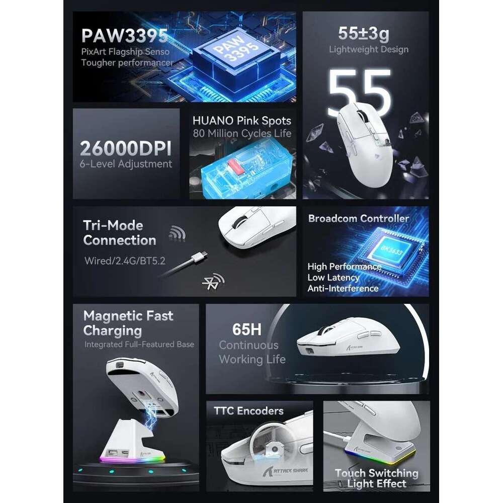 Attack Shark X6 Bluetooth Mouse,PixArt PAW3395,Tri-Mode Connection,RGB Touch Magnetic Charging Base,ro Gaming Mouse