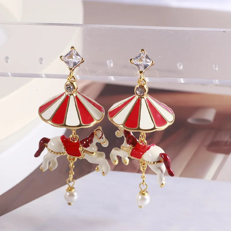 Trend Classic Hand drawn Enamel Carousel Pendant Earrings Christmas and Year Collection Fun Creative Charm Tassel Earrings 241031